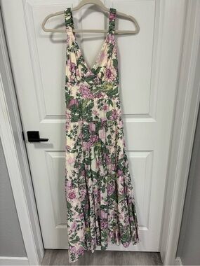Abercrombie and Fitch Floral V-Neck Tiered Maxi Dress in Cream and Green